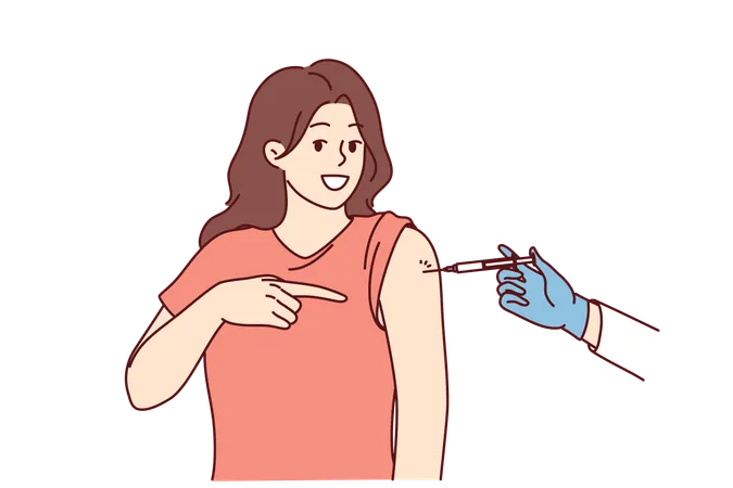 Woman Gets Injection In Shoulder Getting Vaccinated And Points Finger At Syringe In Doctor Hand Preventive Protection Against Influenza Or Pandemic And Vaccinated To Avoid Infection With Virus Illustration