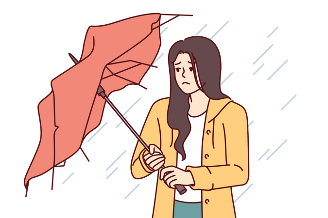 Woman gets wet because her umbrella breaks down in strong wind  イラスト