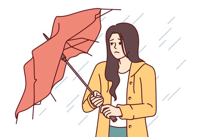 Wet Woman Stands With Broken Umbrella In Heavy Rain And Is Sad Because Of Cold And Strong Wind Upset Girl Walking Down Street During Storm And Autumn Rain Needs Waterproof Clothes Illustration