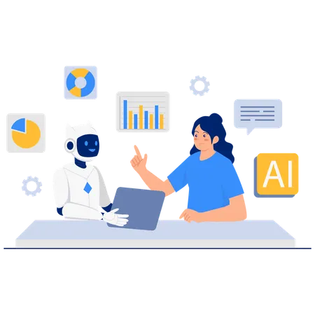 Woman getting AI Assistance for Data Analytics  Illustration