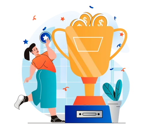 Business Award Concept In Modern Flat Design Businesswoman Holding Star And Won Huge Gold Cup Getting First Place In Competition Triumph Profit Growth Achievement Of Goals Vector Illustration Illustration
