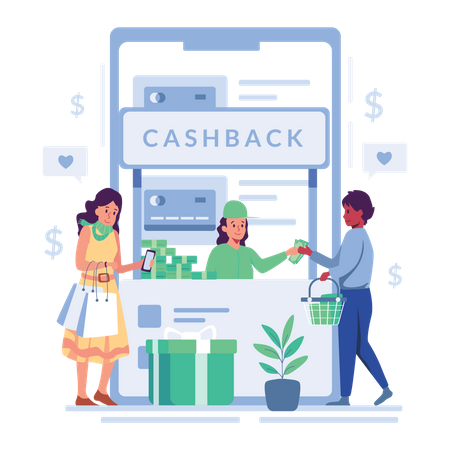 Woman getting cashback on card payment Illustration