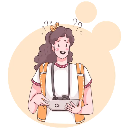 Traveler Teenage Female With Camera She Feeling Excited During Check Map In Cartoon Character Flat Vector Illustration Illustration