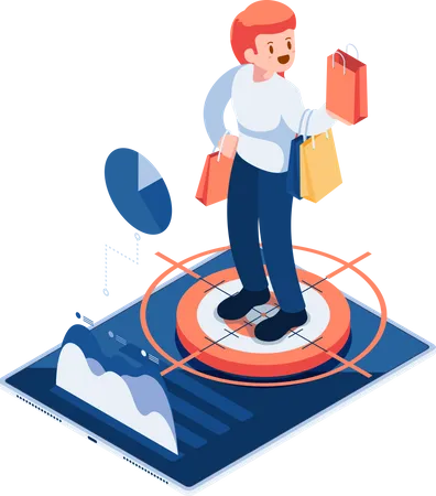 Flat 3 D Isometric Woman With Shopping Bag Standing On Analysis Target Consumer Behaviors Analysis And Customer Insight Concept Illustration