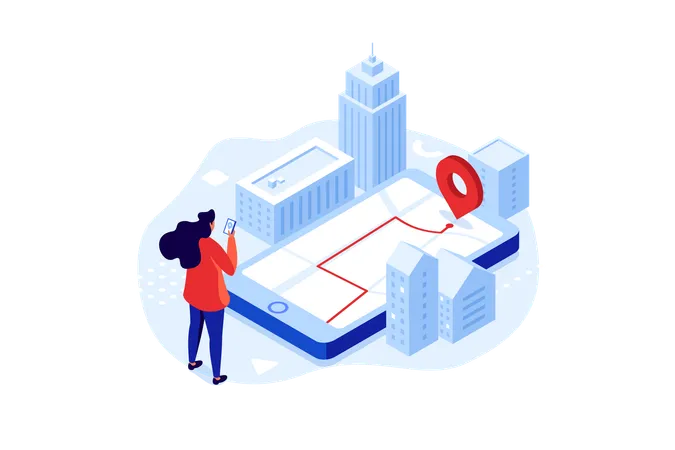 Woman Getting Direction To Point In City With Mobile Phone Location Tracking Concept Isometric Vector Illustration Lady Choosing Shortest Road To Destination Cartoon Character Colour Composition Illustration