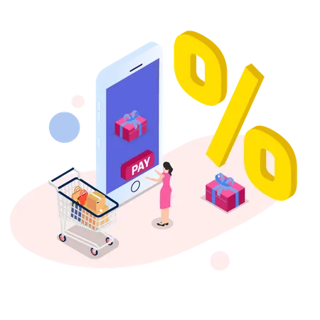 Woman getting discount by online payment  Illustration