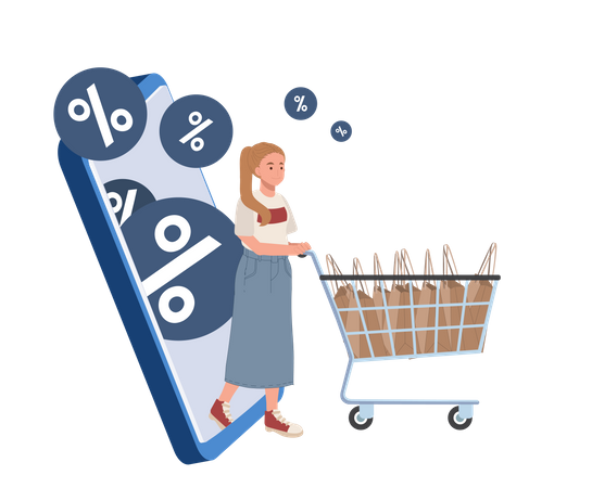 Woman getting discount from e-commerce app  Illustration