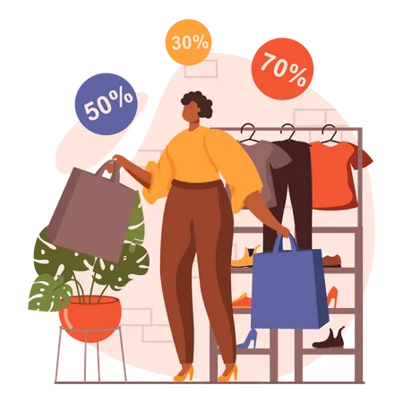 Woman getting discount on clothes  Illustration