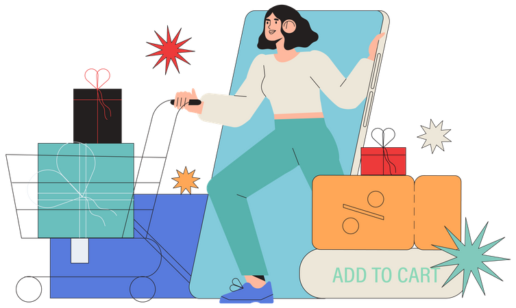 Woman getting discount on online shopping Illustration
