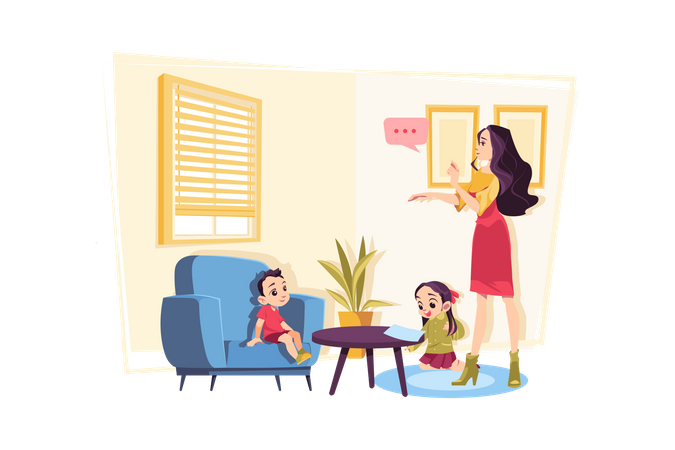 Woman getting distracted by kids during work from home Illustration
