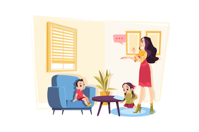 Woman getting distracted by kids during work from home  Illustration