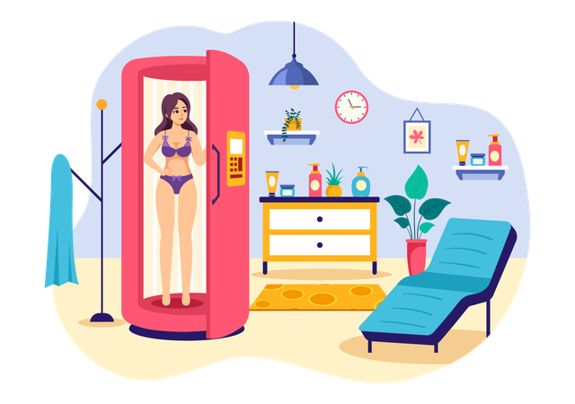Woman Getting Exotic Skin with Modern Technology at Tanning Salon  Illustration