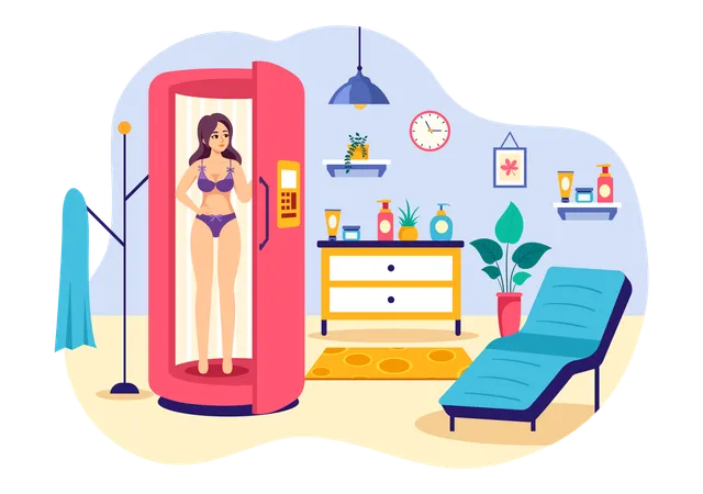 Woman Getting Exotic Skin with Modern Technology at Tanning Salon  Illustration