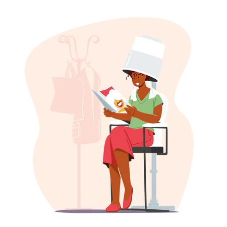 Young Woman Visiting Beauty Salon Female Character Reading Magazine While Drying Hairs Under Dome Fan Curly Hairstyle Girl In Beautician Grooming Place Fashion Cartoon People Vector Illustration Illustration