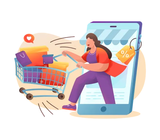 Woman getting huge online shopping discount Illustration