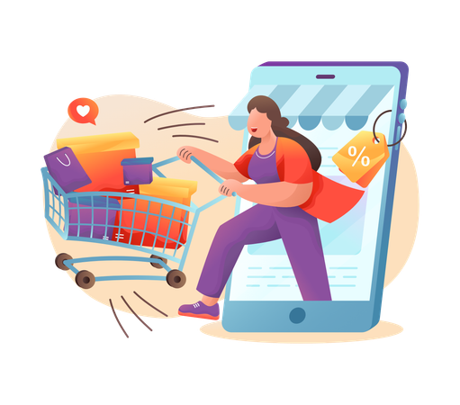 Woman getting huge online shopping discount  Illustration