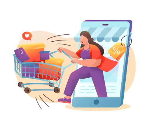 Woman getting huge online shopping discount  Illustration