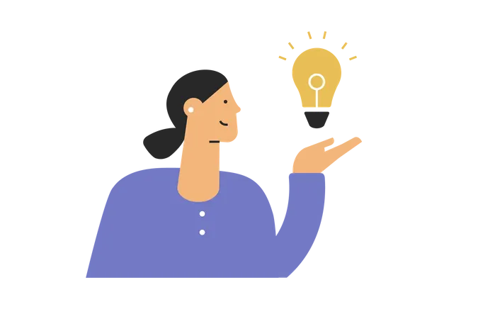 Young Woman Comes Up With An Idea And Holds A Glowing Light Bulb Vector Illustration Made In Flat Designer On Transparent Layer Illustration