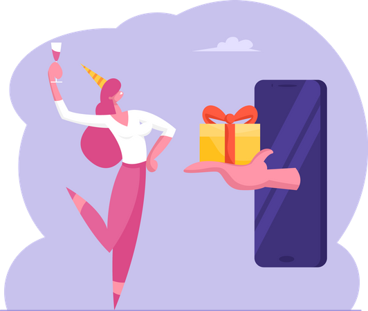 Woman getting online birthday gift  Illustration