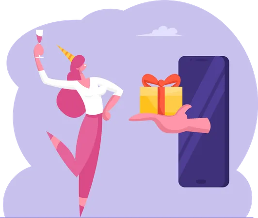 Woman getting online birthday gift  Illustration