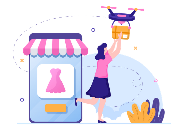 Woman getting online product by dronw Illustration