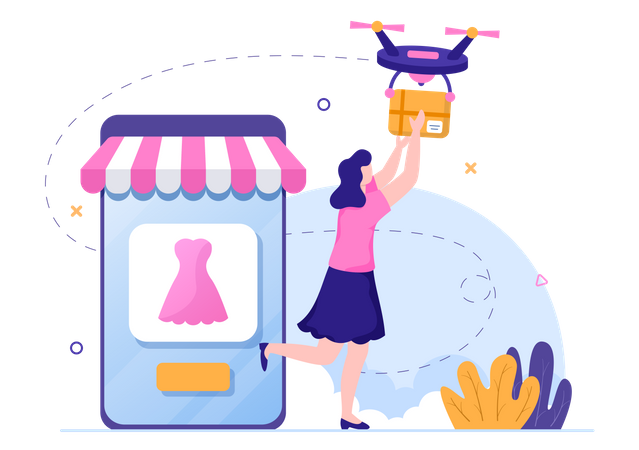 Woman getting online product by dronw  Illustration