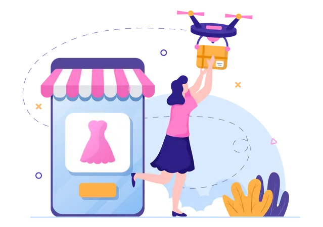 Woman getting online product by dronw  Illustration