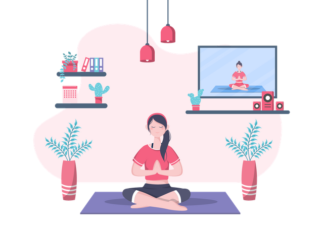 Woman Getting Online Yoga and Meditation Lessons Illustration