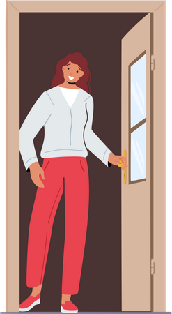 Woman getting out of door Illustration