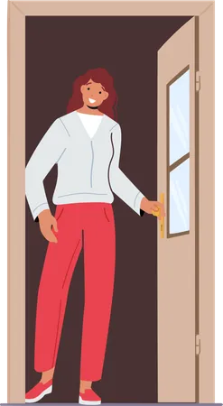 Young Female Character Opening Door Cheerful Woman Stand At Open Doorway Isolated On White Background Girl Leaving Home Entrance To Apartment Or Office Cartoon People Vector Illustration Illustration