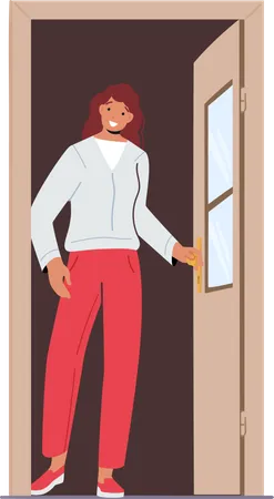 Woman getting out of door  Illustration