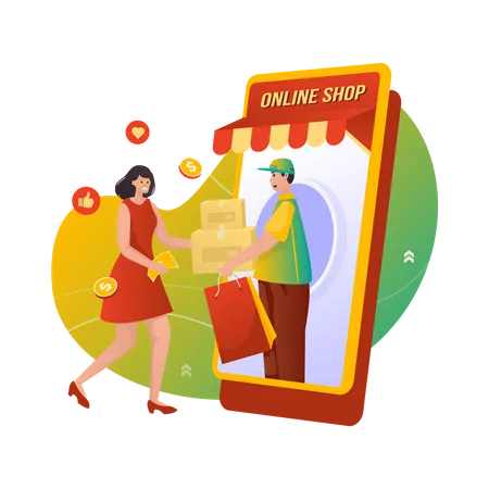 Woman getting parcel from online shopping  Illustration