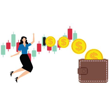 Woman getting profit from stock trading  Illustration