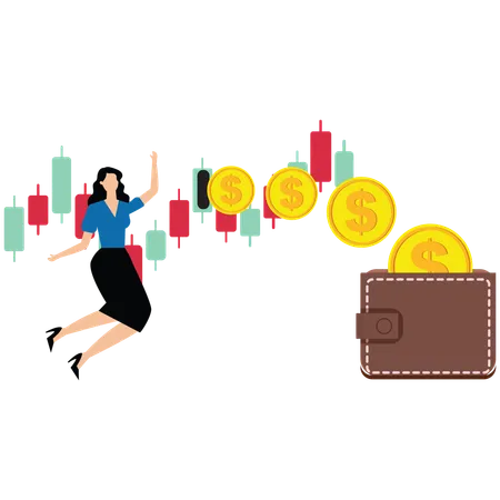 Woman getting profit from stock trading  Illustration