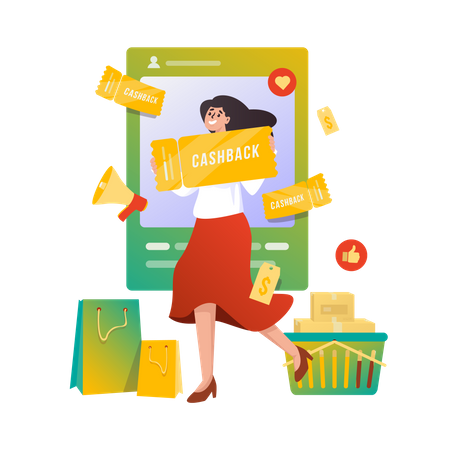 Woman getting Shopping cash-back promo  Illustration