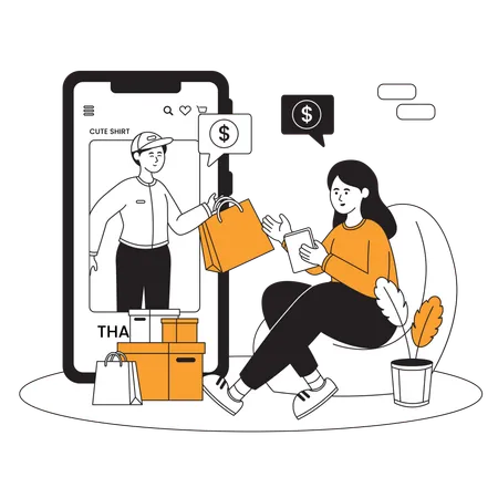 Woman getting shopping delivery from Ecommerce app  Illustration