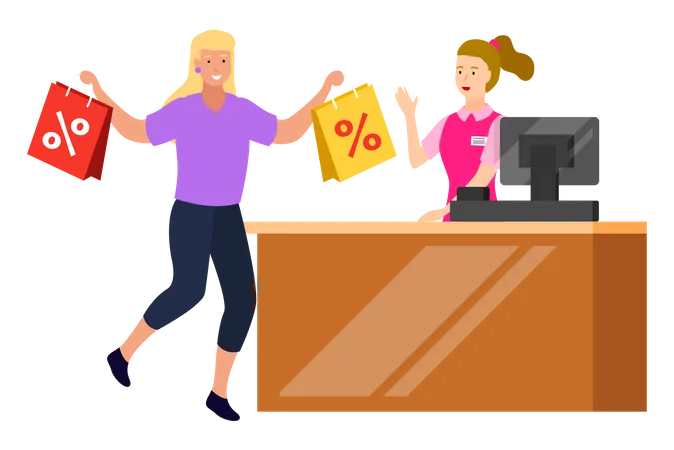 Woman getting shopping discount  Illustration