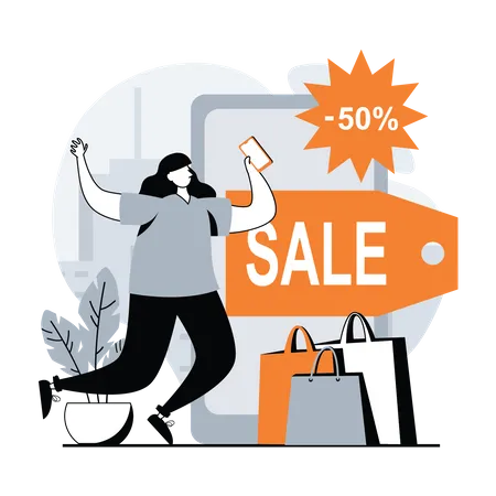 Woman getting shopping sale on mobile  Illustration