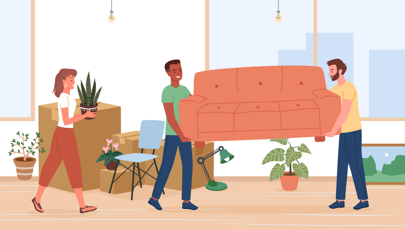 Woman getting sofa delivery at new home  Illustration