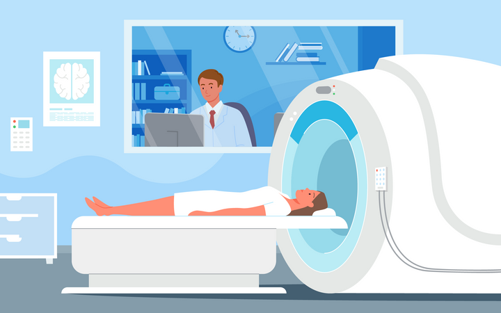 Woman getting through MRI machine  イラスト