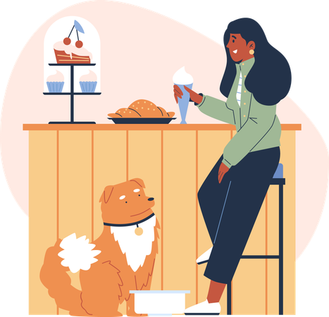Woman  girl drinks eats in a cafe with a dog  Illustration
