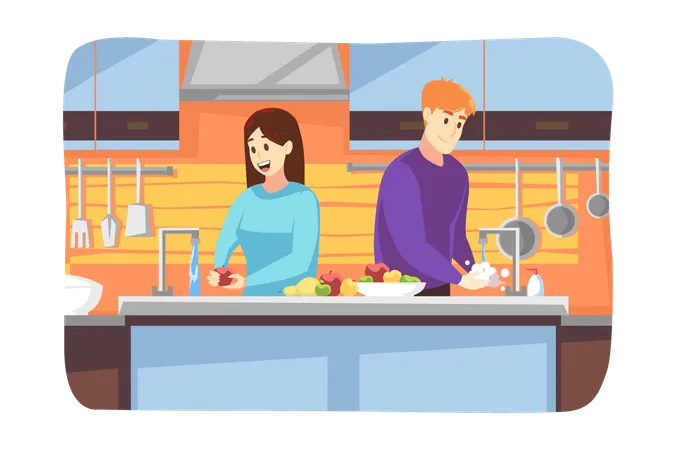 Hygiene Disinfection Cooking Coronavirus Protection Concept Woman Girlfriend Washes Hands Man Boyfriend Washing Fruits Together At Home On Quarantine Preventive Measures From Covid 19 Infection Illustration