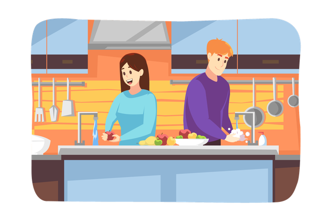 Woman girlfriend washes hands man boyfriend washing fruits together at home on quarantine  Illustration