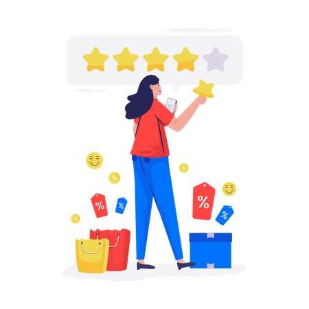 Woman gives 5 star rating  Illustration