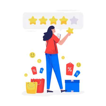 Woman gives 5 star rating  Illustration