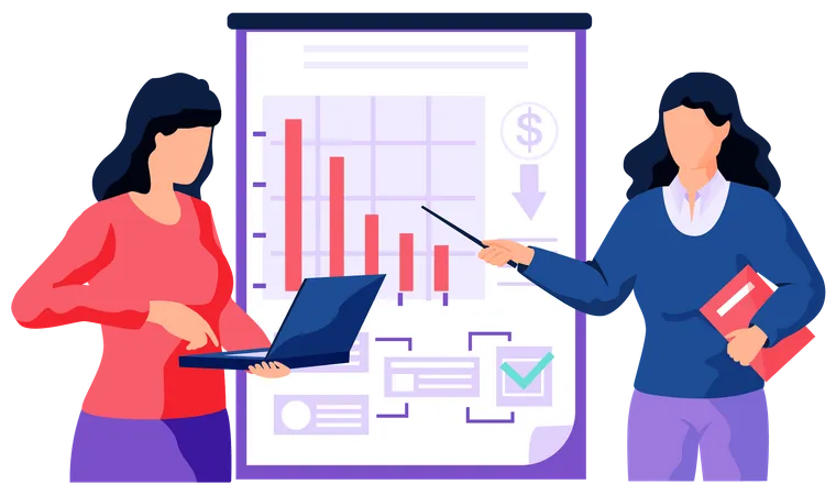 Woman gives employee presentation of Loss chart  Illustration