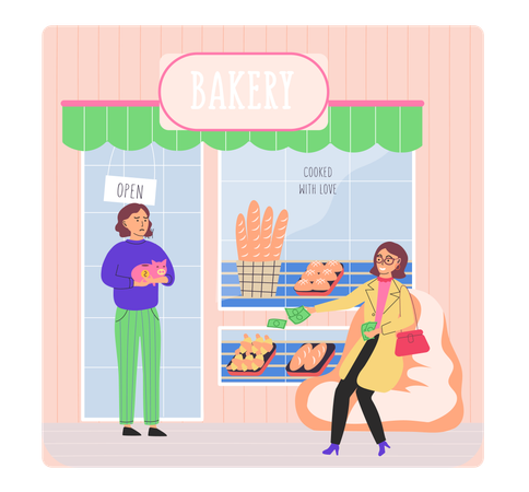 Woman gives money to seller  Illustration