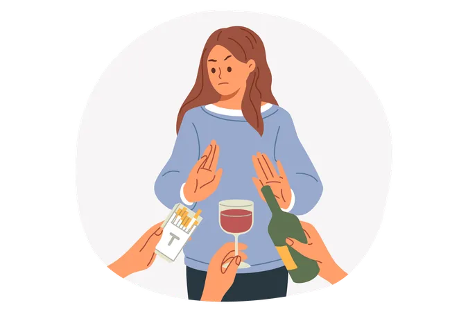 Woman Gives Up Bad Habits And Makes Stop Gesture Rejecting Offer To Smoke Or Drink Alcohol Young Casual Girl Overcome Addiction And No Bad Habits Near Hands With Cigarettes Or Wine Illustration