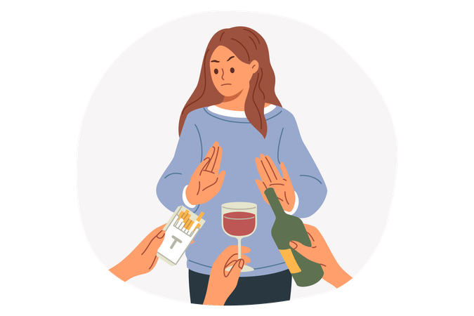 Woman gives up bad habits and makes stop gesture rejecting offer to smoke or drink alcohol  Illustration
