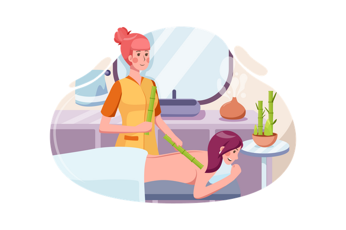 Woman giving back treatment with bamboo stick Illustration